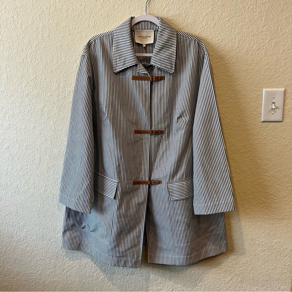 Lafayette 148 striped cotton linen coat jacket with leather strap closures - Picture 14 of 14